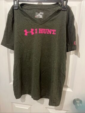 Under Armour Olive Green V-Neck Tee with Hot Pink I HUNT Logo